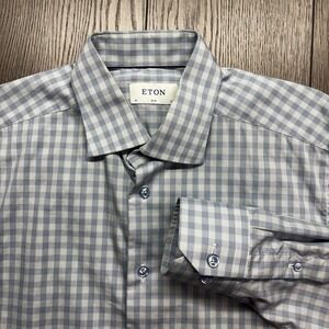 Eton Slim Men's Dress Shirt Size 41 16 Blue Check Gingham Plaid Button Front